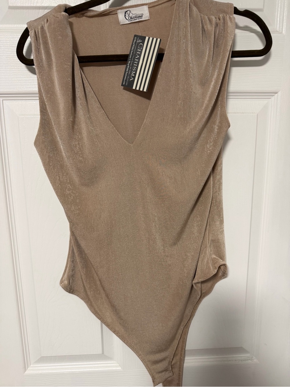 Charisma Sleeveless V-Neck Bodysuit in Taupe Beige